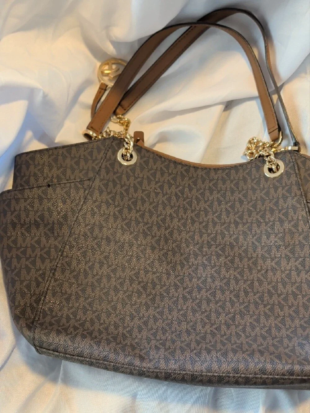 Michael Kors Brown Signature Chain-Accent Tote